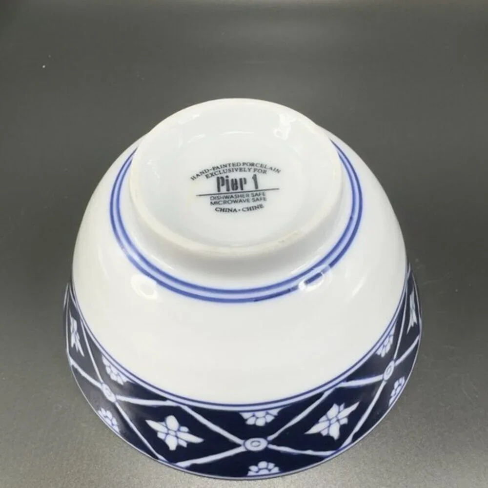 Pier 1 Porcelain Stoneware Deep Dish Bowl‎ Set 4 Blue White Floral Pattern 5inch